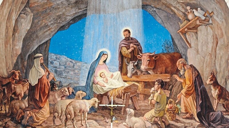 Die aufwendigen Malereien in der Verkündigungskapelle auf den Hirtenfeldern bei Bethlehem zeigen das Weihnachtsgeschehen.