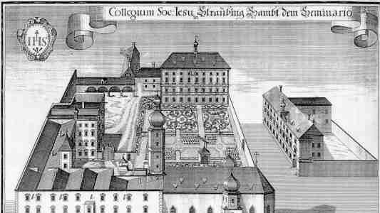 Das Jesuitenkollegium Straubing samt Seminar auf einer alten Darstellung. Auch hier wirkte Pater Georg Hueber als "Choragus".