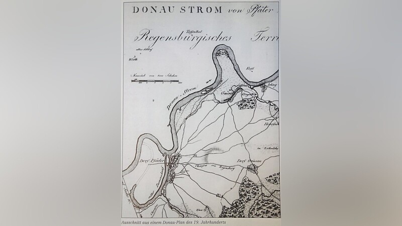 Donaustrom: die Donau vor den "Durchstichen" im 19. Jahrhundert (Repro aus dem Pfatterer Heimatbuch von Josef Fendl).  Fotos: