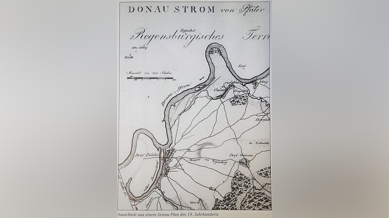 Donaustrom: die Donau vor den "Durchstichen" im 19. Jahrhundert (Repro aus dem Pfatterer Heimatbuch von Josef Fendl).  Fotos: