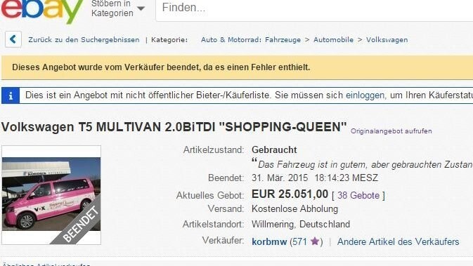 Die beendete Auktion des Shopping-Queen-Mobils. Screenshot: eBay