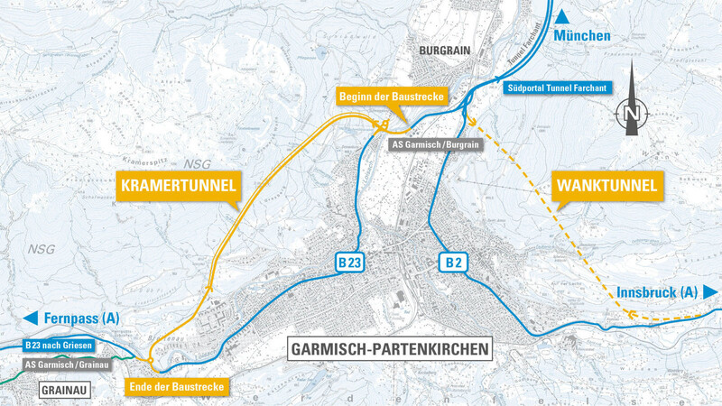 Die Bundesstraße B 23 und B 2 verlaufen durch Garmisch-Partenkirchen - dementsprechend belastet ist das Zentrum vom Verkehr. Zwei Tunnel sollen Abhilfe schaffen.