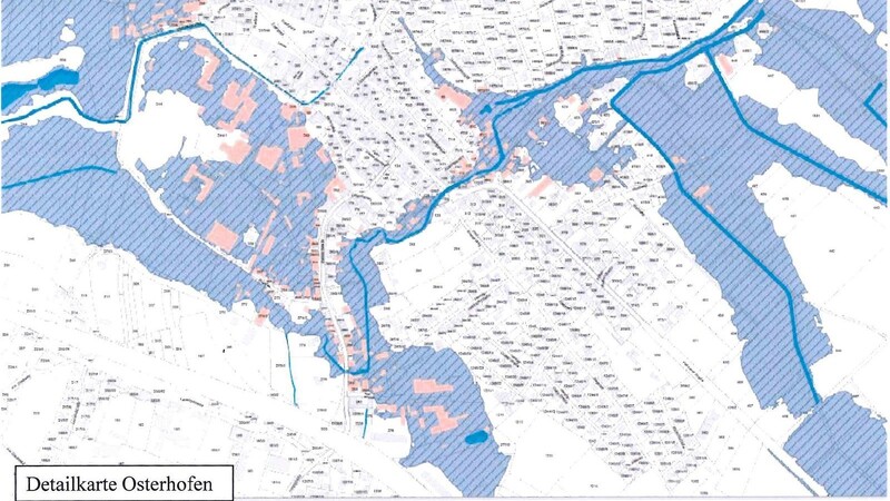 Die blau schraffierten Bereiche sind als Hochwasserschutzgebiet festgesetzt.