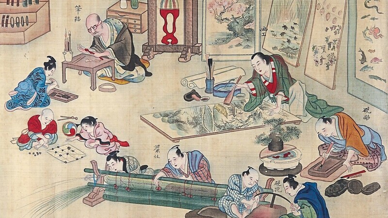 Detail aus einem Rollbild der japanischen Kunstgewerke, Japan, Edo-Zeit (1603-1868)