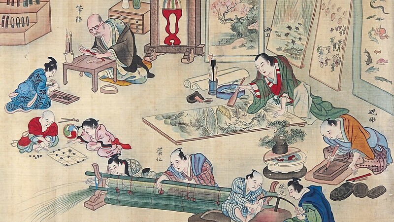 Detail aus einem Rollbild der japanischen Kunstgewerke, Japan, Edo-Zeit (1603-1868)