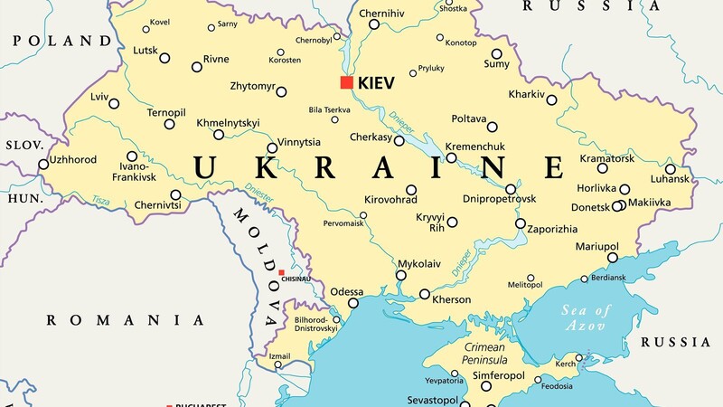 Die Ukraine grenzt an Russland im Nordosten und Osten. Weitere Grenzen teilt sich die Ukraine mit Belarus im Norden, Polen, der