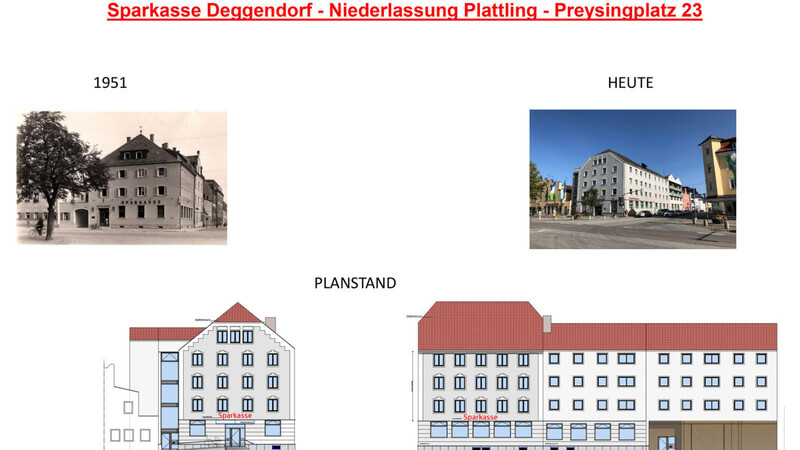 An diesen Bildern sieht man die Entwicklung des Sparkassengebäudes am Preysingplatz. Die unteren beiden Skizzen zeigen, wie die Sparkasse nach Ende der Bauarbeiten aussehen wird - inklusive der Anbau mit den Wohnungen.