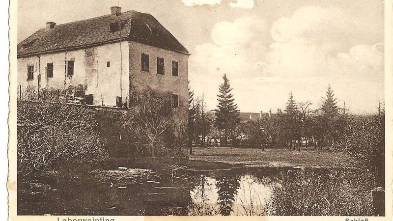 Diese alte Aufnahme zeigt das Schloss mit dem Weiher in der Dorfmitte.