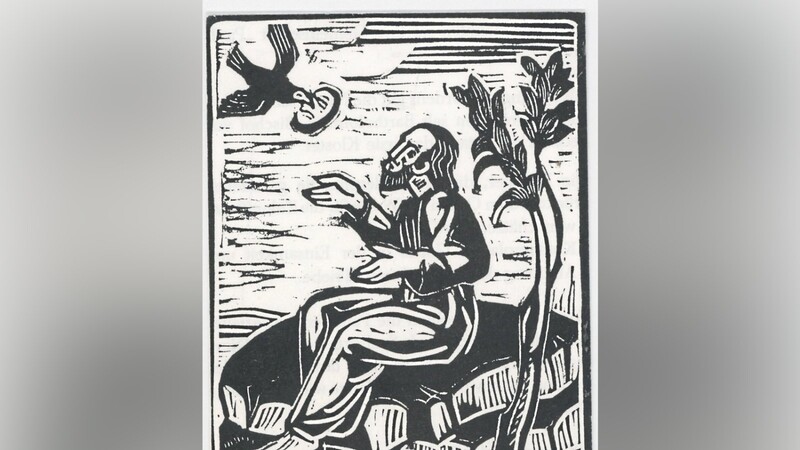 Dieser Holzschnitt stellt den heiligen Paulus, den Ersten Einsiedler, mit einer Palme und einem Raben mit einem Stück Brot im Schnabel dar. Er ist der Schutzpatron des Paulinerordens.