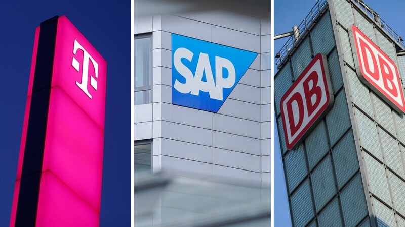Die Firmenlogos der Telekom (l-r), SAP und Der Deutschen Bahn. Die Deutsche Bahn, die Deutsche Telekom sowie der Softwarekonzern SAP haben es in einem aktuellen Klimaschutz-Ranking des Carbon Disclosure Project (CDP), einer Organisation mit Sitz in London, neben elf weiteren deutschen Unternehmen in die Spitzengruppe geschafft.