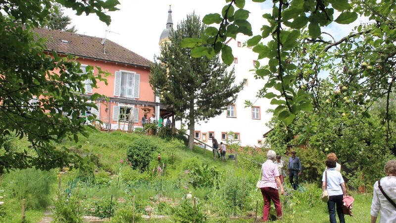 Besucher schlendern durch den Pfarrgarten in Viechtach.