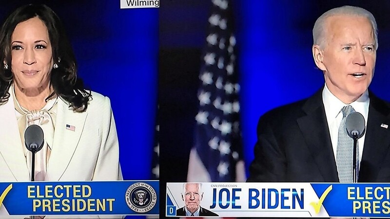 Joe Biden und Kamela Harris bei ihrer ersten Ansprache am Samstag.