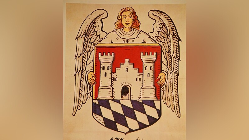 Das Wappen des Marktes Geisenhausen zeigt ein imposantes, burgähnliches Gebäude (links). Auf der Karte von 1812 erkennt man ein mögliches Burggelände, wo die Zahl 46 eingeprägt ist (rechts).  Fotos: Peter Köppen