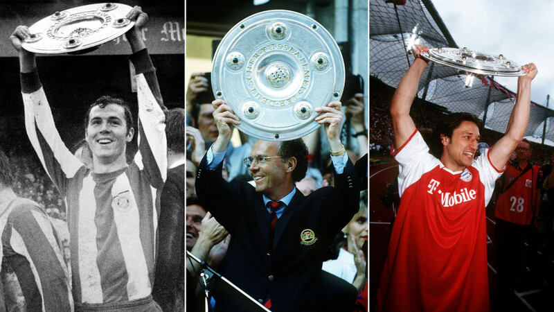 Links: Franz Beckenbauer bejubelt 1969 seine erste Meisterschaft als Spieler, holt den Titel auch 1972, 1973 und 1974. Mitte: Beckenbauer übernimmt als Interimscoach - und führt die Bayern 1994 als Trainer zum Titel. Rechts: 2003 präsentiert Niko Kovac den Fans im Olympiastadion die Meisterschale.