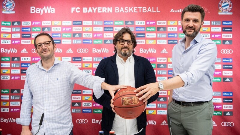 Das neue Verantwortlichen-Trio beim FC Bayern Basketball (v.l.): Sportdirektor Baiesi, Coach Trinchieri und Geschäftsführer Pesic.
