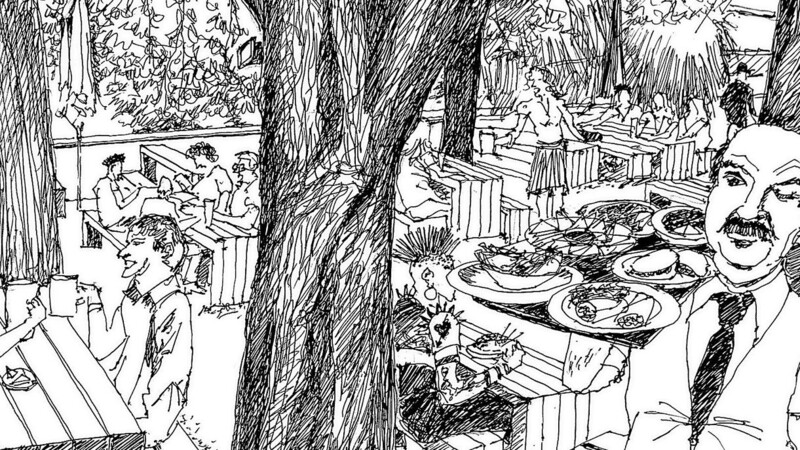 So skizziert Helmut Wartner eine Szene im Sausalitos-Biergarten.