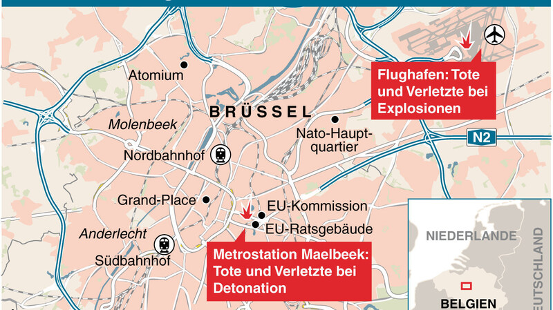 Eine Karte von Brüssel mit den Anschlagsorten.
