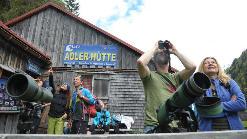 Wanderer beobachten am 20.05.2016 im Hintersteiner Tal bei Bad Hindelang (Bayern) an der Adlerhütte des Landesbundes für Vogelschutz in Bayern Vögel in den Allgäuer Hochalpen.