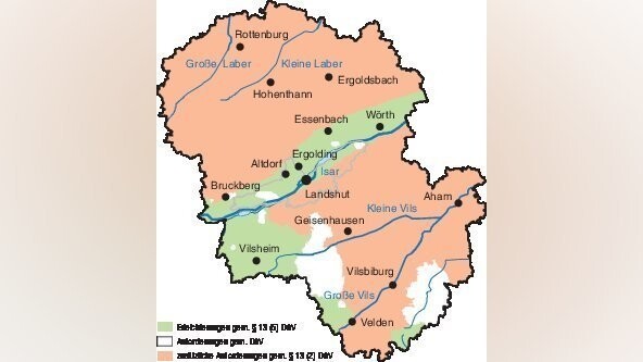 Die Landwirte im Landkreis Landshut müssen sich großteils auf zusätzliche Pflichten und Maßnahmen (rote Gebiete) einstellen.