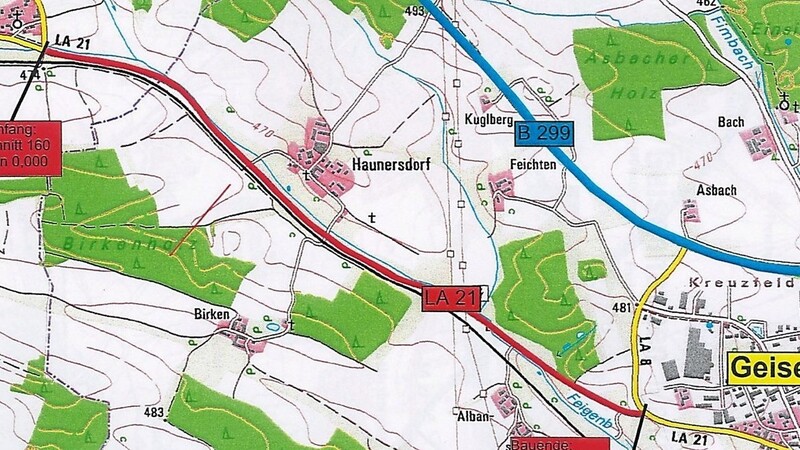 Das größte Neubauprojekt des Jahres 2019 im Straßenbau des Landkreises Landshut: Auf einer Länge von 2,6 Kilometern wird die Kreisstraße LA 21 (rot markiert) zwischen Götzdorf und Geisenhausen verbreitert und ein parallel verlaufender Geh- und Radweg gebaut. Im Tiefbauetat werden hierfür 2,75 Millionen Euro bereitgestellt.  Repro: mü