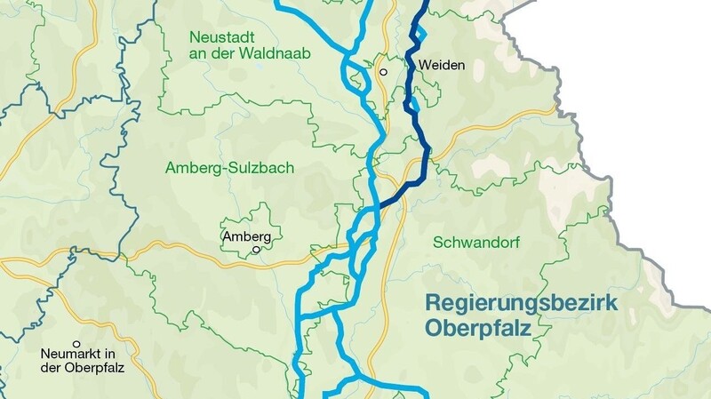 Für den Abschnitt von Hof bis Pfreimd fiel die Wahl des Netzbetreibers Tennet auf die östlichste Trassenvariante (dunkelblau markiert).