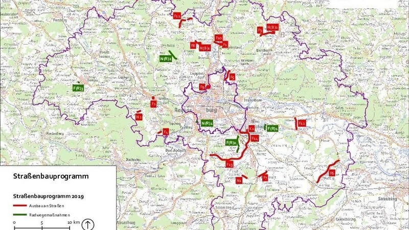 Die im Jahr 2019 im Landkreis geplanten Straßenbaustellen (rot) und Radwege (grün).