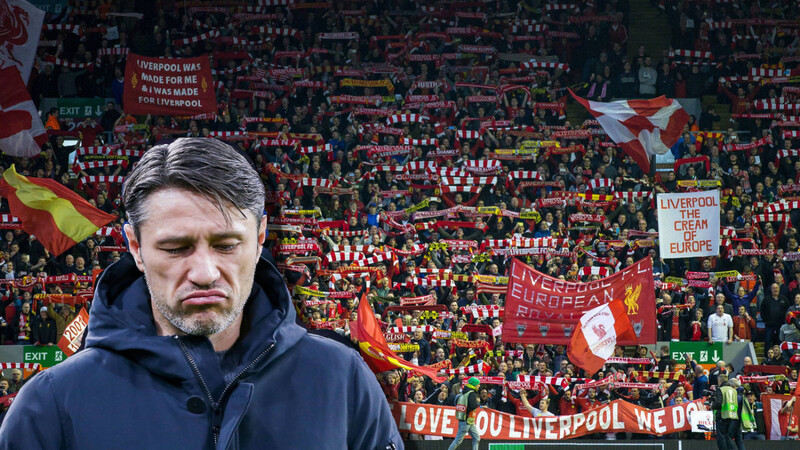 Stimmungsvoll versus nachdenklich: die Tribüne "The Kop" an der Liverpooler Anfield Road und Bayern-Trainer Niko Kovac.