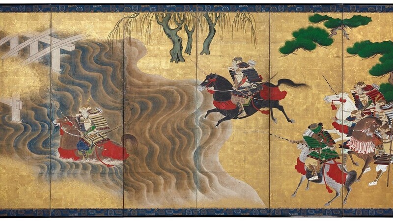 Ein Wandschirm mit kämpfenden Samurai aus der Mittleren Edo-Zeit, dem frühen 18. Jahrhundert.