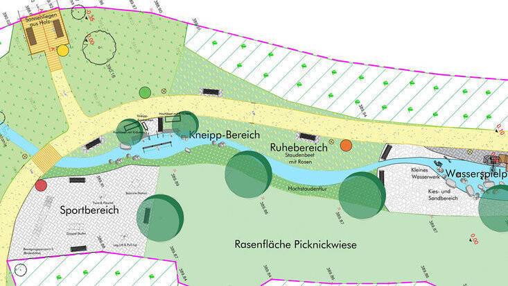 Der Mehrgenerationenpark soll im Stadtpark auf dem alten Freibadgelände - auf Höhe des Klinikums - entstehen. Für die Kneippanlage und den Wasserspielplatz bekommt der Hammerbach einen kleinen Nebenarm.