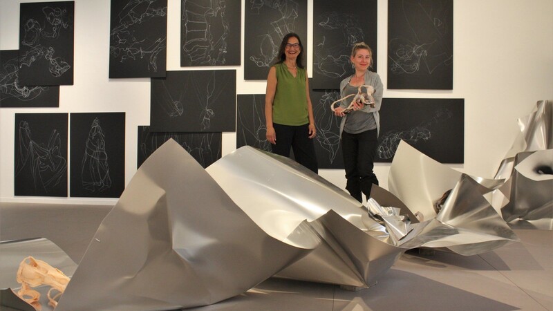 Galerie-Leiterin Anjalie Chaubal (links) und Künstlerin Nina Annabelle Märkl hinter der Alu-Installation