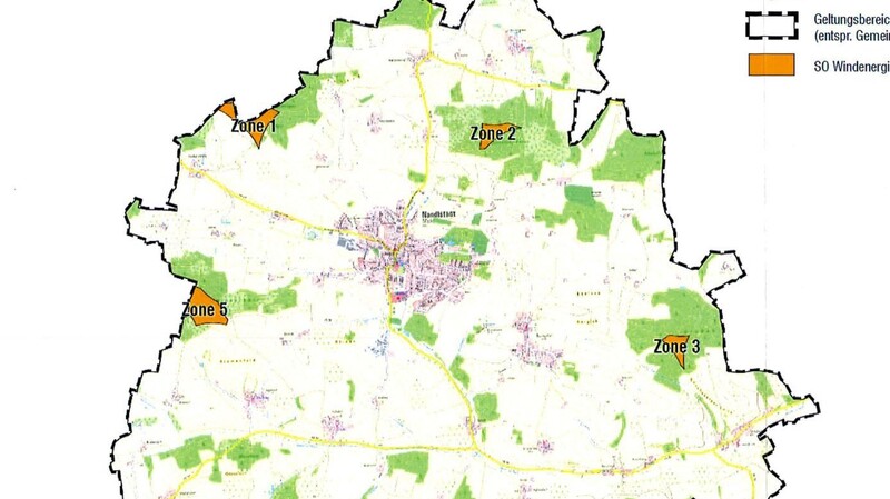 Die gelb markierten Gebiete sind die möglichen Windkraftzonen der Marktgemeinde Nandlstadt. Die Teilflächen 1 und 5 grenzen an das Auer Gemeindegebiet.