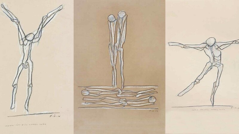 Fritz Koenigs zweiteilige Zeichnung "Wenn ich ein Vogel wär´" (links und rechts) aus dem Jahr 1988 und "Zwei" (1987)