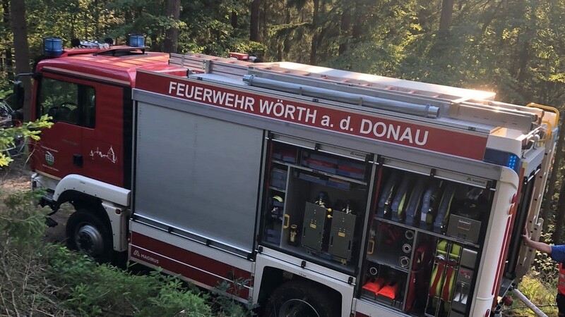 Ein Löschfahrzeug der Feuerwehr Wörth im Wald zwischen Bierschneidermühle und Hungersacker. Dort schlug am Mittwoch der Blitz ein.