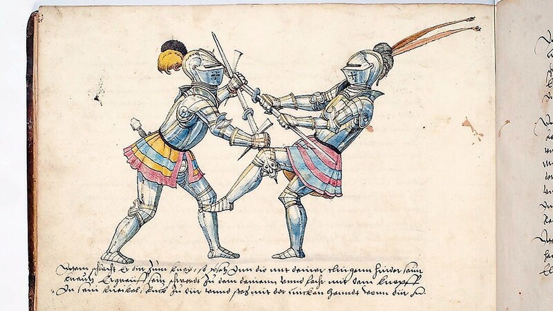 Ein Auszug aus einem historischen Buch zur Kampfkunst mit der Waffe. Es zeigt die Sonderkonstruktion eines Schwerts für das Fechten.