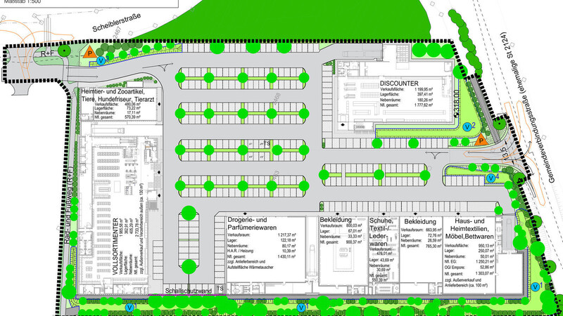 Der Plan des Fachmarktzentrums - mittig befinden sich die Parkplätze.