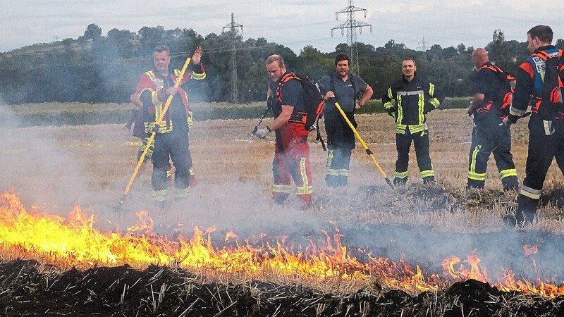Die Feuerwehrleute übten die Brandbekämpfung auf einem brennenden Feld.