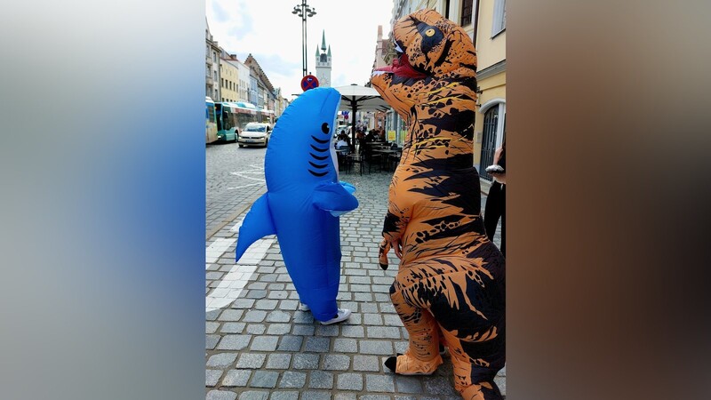 Hatten viel Spaß beim gemeinsamen Spaziergang am Stadtplatz, der Dino und sein Hai.