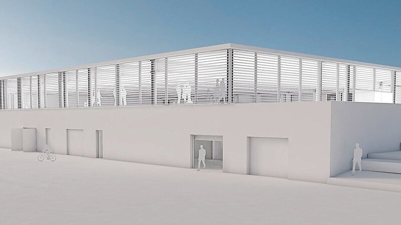 So wird die Sporthalle der Hallertauer Mittelschule Mainburg nach ihrer Sanierung und Erweiterung aussehen.