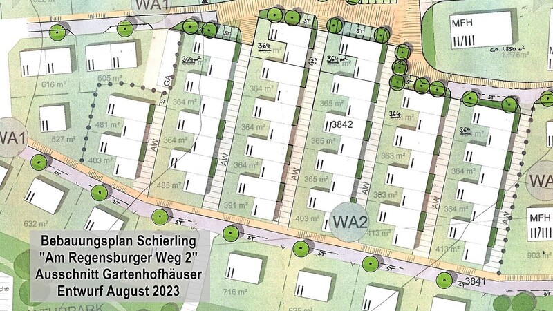 Der aktuelle Entwurf des Schierlinger Bebauungsplanes "Am Regensburger Weg 2" sieht 24 Grundstücke für "Gartenhofhäuser" vor, die trotz ihrer Größe von rund 365 Quadratmetern und dichter Bebauung einen privaten, geschützten Freiraum bieten.