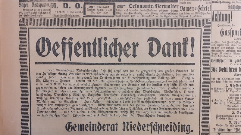Nach einem Großbrand veröffentlicht der Gemeinderat Niederschneiding eine Danksagung für die "rascheste u. entschlossenste Hilfeleistung".