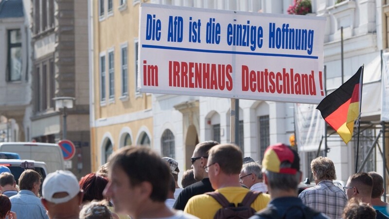 "Die AfD ist die einzige Hoffnung im Irrenhaus Deutschland", steht auf einem Plakat, das Teilnehmer einer Demonstration der rechtsgerichteten Bewegung "Görlitz wehrt sich" am Tag vor der Landtagswahl durch die Stadt tragen.
