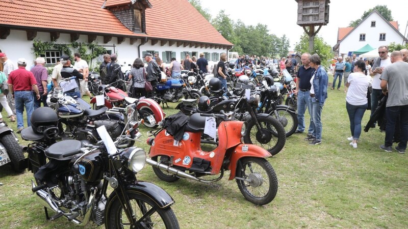 Zahlreiche historische Motorräder wurden für die Besucher in Reih und Glied aufgestellt.