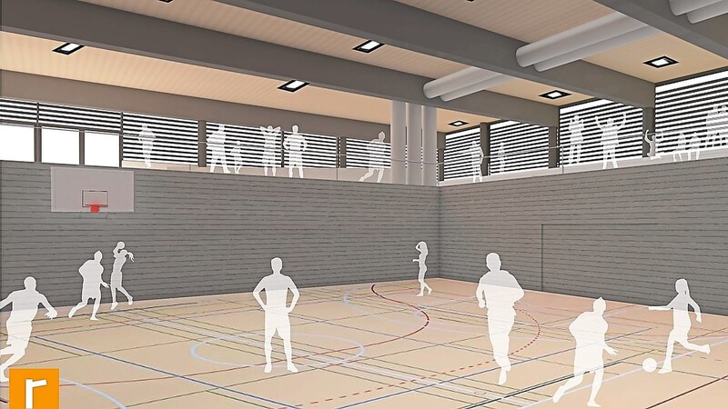 So soll die Sporthalle der Mittelschule nach ihrer Sanierung aussehen. Oben der Tribünenbereich mit der großzügigen Fensterfront, die mehr Tageslicht ins Innere lässt.