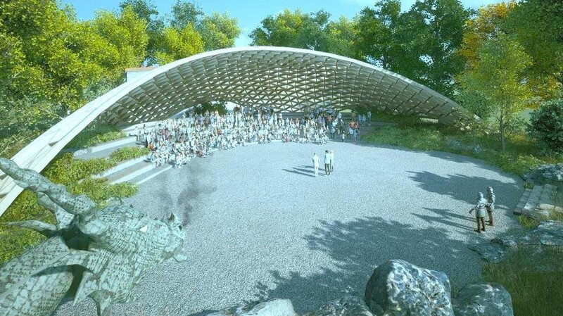 Diese Visualisierung von Architekt Peter Hickl zeigt, wie die Park-Arena 2025 - hier bei einer Drachen-Vorführung - aussehen könnte.