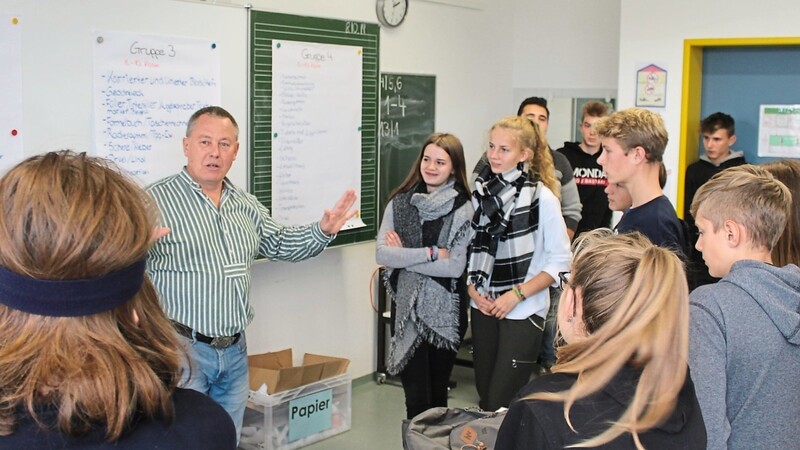 Günther Dürrmeier erklärt den Schülern der Schülerübungsfirma, welche Entscheidungen getroffen werden müssen, wenn es um den Einkauf der Produkte geht.