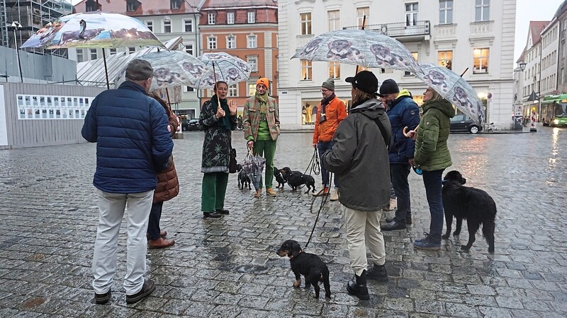 Seppi Küblbeck und Oliver Storz (Vierter und Fünfter von links) vom Dackelmuseum wurden oft nach einer speziellen Hunde-Stadtführung gefragt. Am Dienstag gab es die Premiere mit Gästeführerin Isabel Käser (Dritte von links).