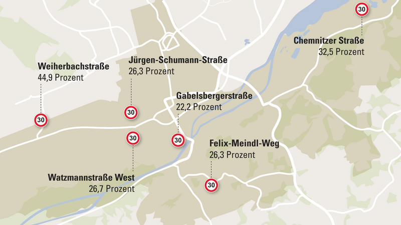 Von der Münchnerau bis nach Auloh: Unsere Grafik zeigt die Straßen mit den meisten Geschwindigkeitsüberschreitungen 2022. In allen gilt ein Tempolimit von 30 Stundenkilometern.