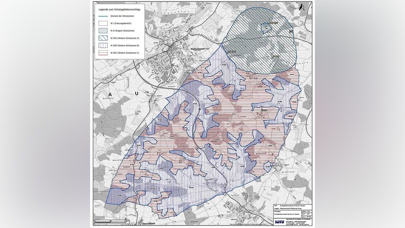 Die Karte zeigt den Entwurf für die einzelnen Zonen im geplanten Wasserschutzgebiet für den Brunnen Burghart. Ausgearbeitet hat ihn das Ingenieurbüro IGWU.