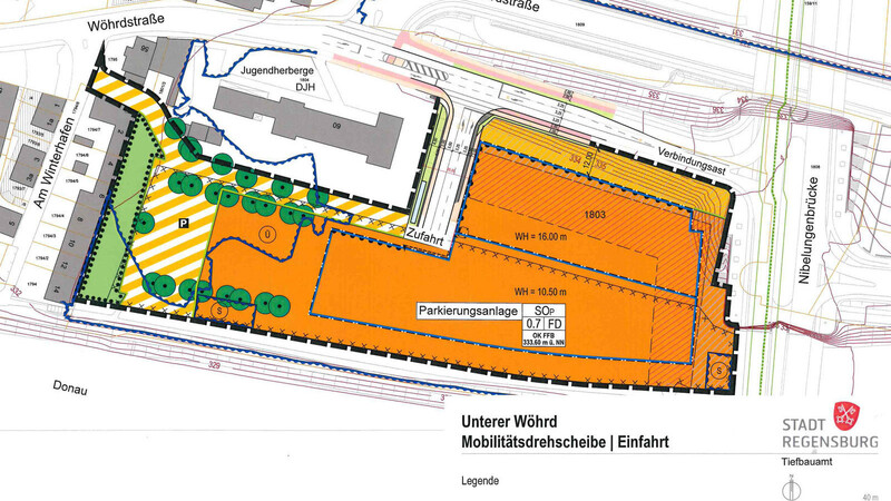Im Plan ist der Parkplatz Unterer Wöhrd mit der neuen Zufahrt östlich der Jugendherberge eingezeichnet.