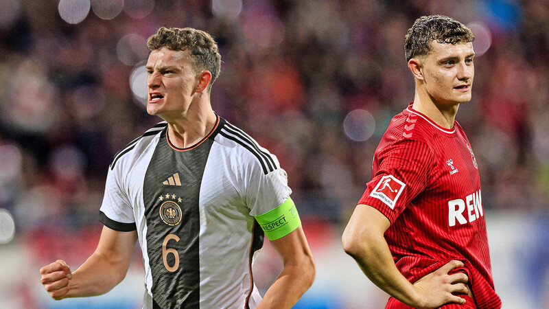 Eric Martel (links im DFB-Dress, rechts in Diensten der "Geißböcke") macht als Kapitän der deutschen U 21-Auswahl sowie als Stammspieler des 1. FC Köln auf sich aufmerksam - und empfiehlt sich für mehr.